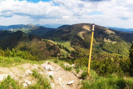 Tourist Sign on the top of the Borisov Mountain in Great Fatra (Slovak: Velka Fatra) Mountain Range, Slovakiaの写真素材