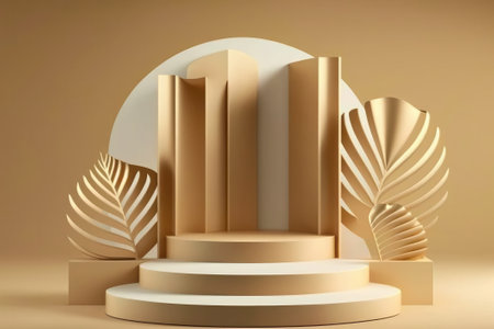 Podium with a palm leaf on a beige backgroundの写真素材