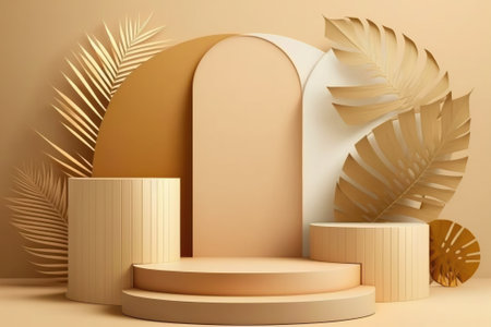 Podium in a beige colour with a palm leaf on the topの写真素材