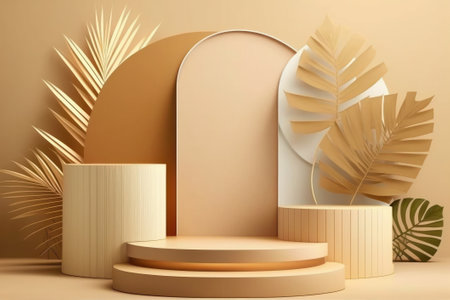 The round podium in the middle of the room with a palm leaf.の写真素材