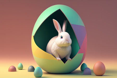 A rabbit inside an egg with the words easter on the bottom rightの写真素材