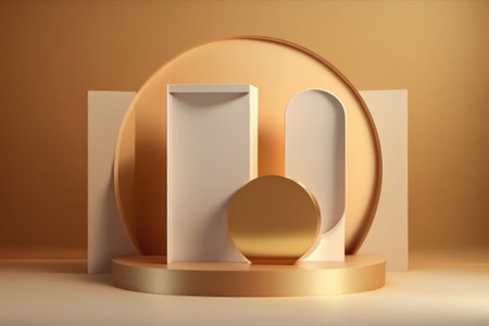 3d render, abstract minimal geometric forms. Glossy golden podium for product presentation.の素材