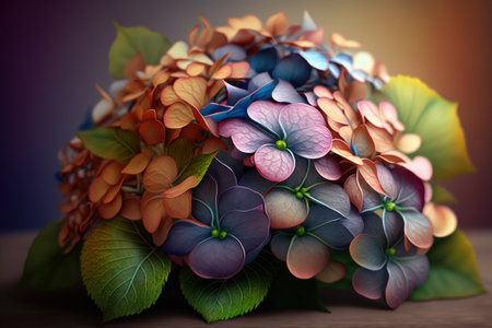Bouquet of colorful hydrangea flowers on wooden tableの素材