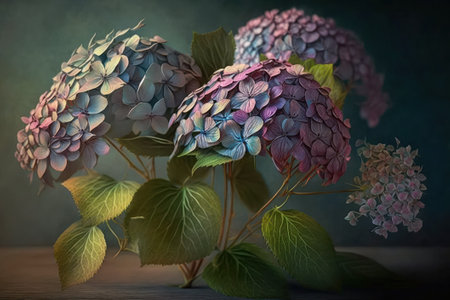 Still life with hydrangea flowers on dark blue background.の素材