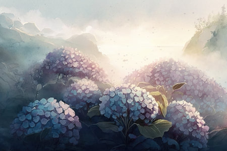 Digital painting of hydrangea flowers in a foggy morningの素材