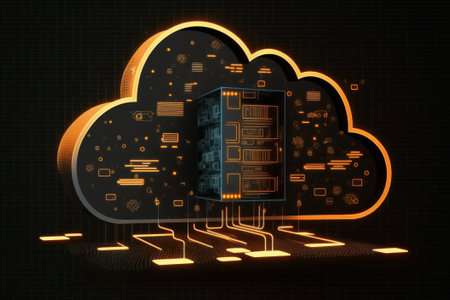 Cloud computing concept with circuit board and data storage icons on black backgroundの素材