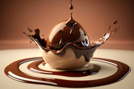 Chocolate splash with chocolate egg. 3d rendering. Brown background.の素材