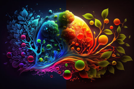 3D illustration of abstract background with planet and colorful bubbles in itの素材