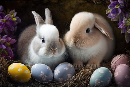 Easter bunny and easter eggs in nest. Happy Easter backgroundの素材
