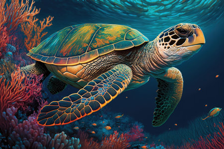 Green sea turtle in the coral reef. 3d render illustration.の素材