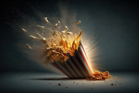 Fast food concept with flying popcorn on dark background. 3d renderingの素材