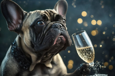 French bulldog with a glass of champagne on a dark background.の素材
