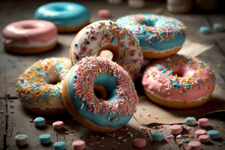 Delicious colorful donuts with sprinkles on a wooden table.の素材