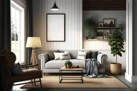 Interior of modern living room with white walls, wooden floor, comfortable gray sofa, armchair, coffee table and mock up poster frame. 3d renderingの素材