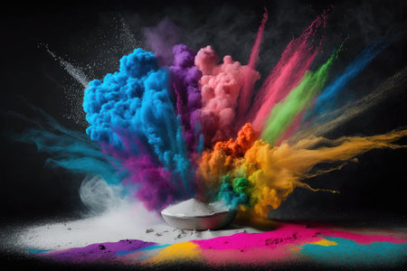Colorful holi powder explosion on black background with copyspaceの素材