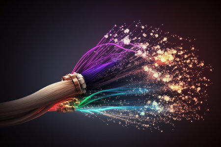 Close-up of electric cable with colorful bokeh on dark backgroundの素材