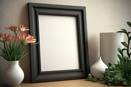 Blank picture frame mockup in interior background. 3D renderingの素材