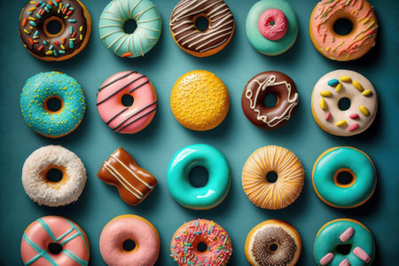 Colorful glazed donuts on blue background. Toned.の素材