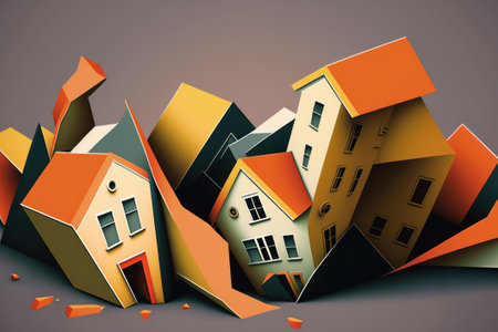 3d render of houses in the form of an arrow. Abstract backgroundの素材