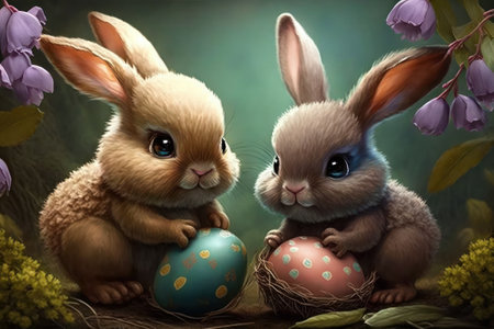 Easter bunnies with easter eggs and flowers on dark backgroundの素材