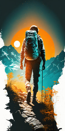 Hiking man with backpack and trekking poles in mountains. Hiking conceptの素材