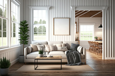 Interior of modern living room with white walls, wooden floor and comfortable sofa. 3d renderの素材