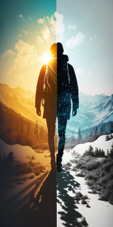 Double exposure of young man with backpack and mountains in background. Concept of travelの素材
