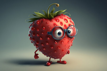 Funny strawberry character with glasses. 3D illustration. Toned.の素材