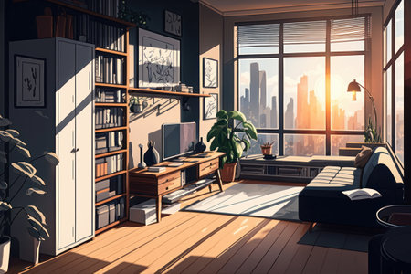 Modern living room interior design with bookshelf, sofa, coffee table and window with city view. 3D Renderingの素材