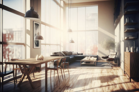 Interior of modern living room with white walls, wooden floor, panoramic window with city view and brown sofa. 3d renderingの素材