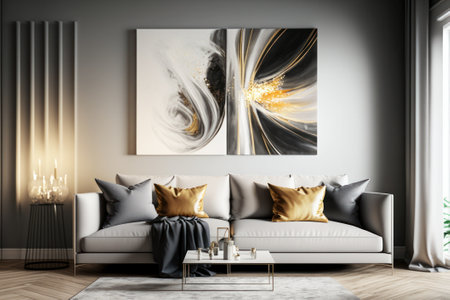 Interior of modern living room with white walls, wooden floor, comfortable gray sofa and round coffee table with gold cushions. Vertical mock up poster. 3d renderingの素材