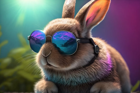 Rabbit wearing sunglasses on nature background. Happy easter concept.の素材