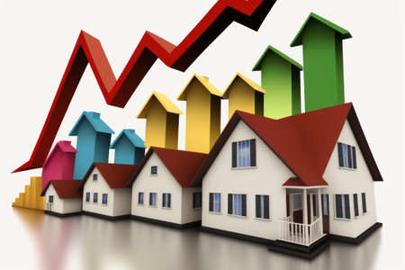 Real estate business graph with house on white background. 3d illustrationの素材