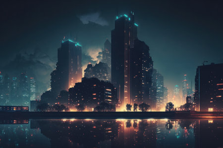 Cityscape at night with fog and reflection on the water. Double exposureの素材