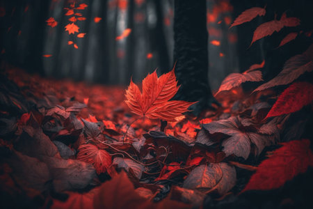 Beautiful red autumn leaves in the forest. Autumn season. Toned.の素材