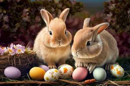 Easter bunny and easter eggs on rustic background. Bunnies with Easter eggs.の素材