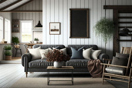 Interior of modern living room with grey sofa, armchair and wooden wall. Mock up, 3D Renderingの素材
