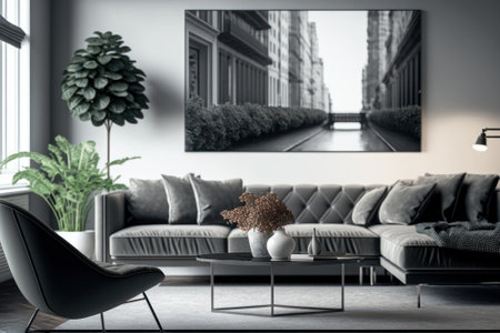 Interior of modern living room with gray sofa, coffee table and city view. 3D Renderingの素材