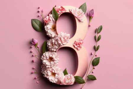 Number eight made of paper with pink flowers and green leaves on pink backgroundの素材
