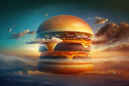 Hamburger in the sky with clouds. 3D illustration.の素材