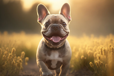 French bulldog puppy running in the field at sunset or sunrise.の素材