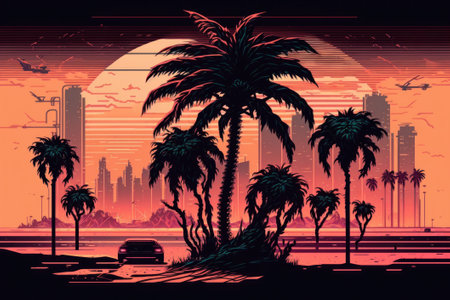 City landscape with palm trees and sunset. Vector illustration in retro styleの素材