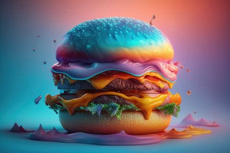 Hamburger with colorful splash, 3d rendering. Computer digital drawing.の素材