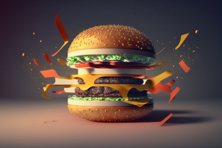 Big tasty hamburger with flying ingredients. Fast food concept. 3d renderingの素材