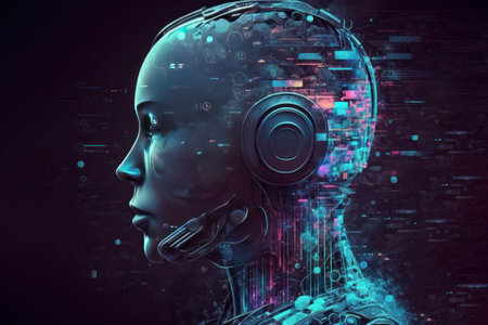 Cyborg head with digital binary code. Artificial intelligence concept. 3D Renderingの素材