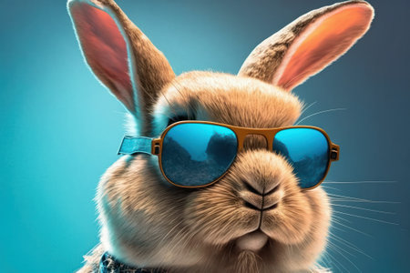Funny rabbit wearing sunglasses on blue background. 3d rendering.の素材