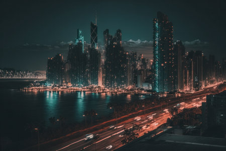 Dubai Marina at night. Dubai was the fastest developing city in the world between 2002 and 2008.の素材