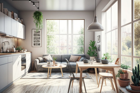 Interior of modern kitchen with beige walls, wooden floor, white cupboards, gray sofa and coffee table. 3d renderingの素材