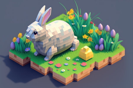 Easter bunny on the grass with eggs and flowers. 3d illustrationの素材