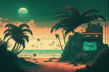 Fantasy landscape with palm trees on the beach. Digital illustration.の素材